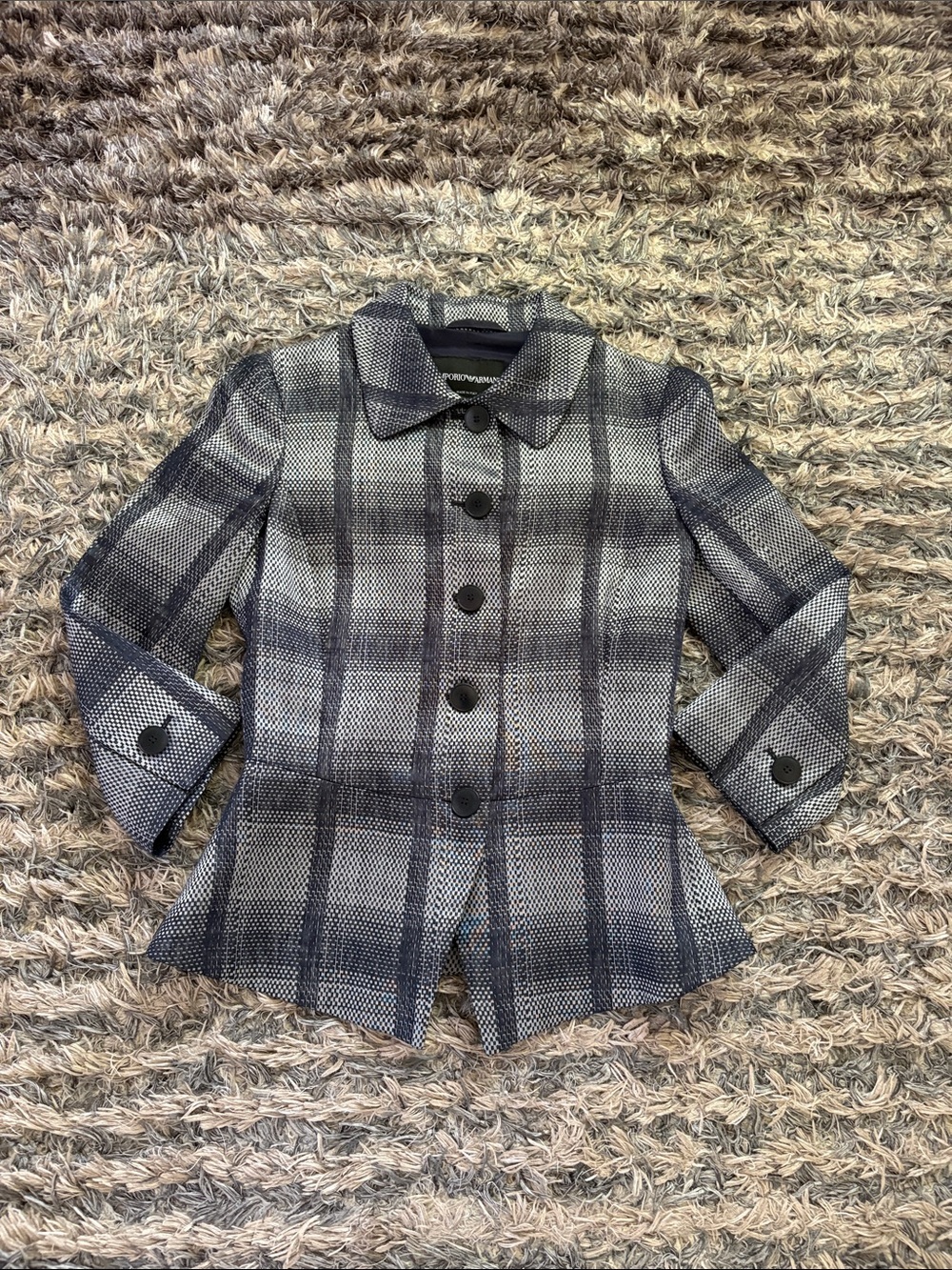 Emporio Armani Woman Silk Wool Plaid Peplum Blazer Jacket, Size 00